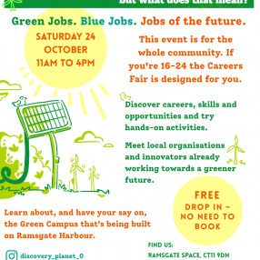 The Future is Green - but what does that mean? Poster showing a bird perched on a solar panel, the sun shining and wind turbines in the background.